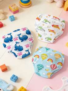 3 piezas de pantalones de entrenamiento reutilizables para niños pequeños, con estampado de dibujos animados, muy elásticos y transpirables, esenciales para el entrenamiento de ir al baño a prueba de fugas por todos lados - Multicolor - Ver 10