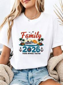 Camiseta de algodón puro con estampado para mujer, 2026 Family Trip, Let's Create Memories Together, estampado con texto de crucero, cuello redondo, manga corta, primavera-verano. - Blanco - Ver 7