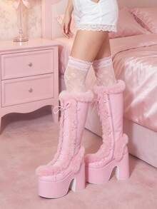 Warm Faux Fur Knee High Snow Boots For Women Punk Goth Platform Chunky High Heel Side Zipper Walking Winter Boots - 淺粉色 - 查看 5