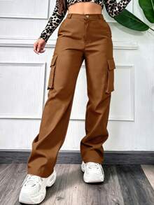 Women's Solid Color Straight Loose Casual Cargo Pants - Brown - View 2