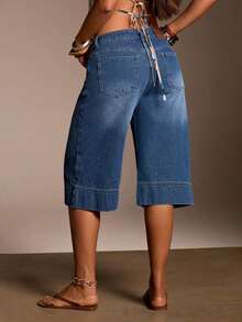 Denim Jeans de mujer de moda holgados de longitud 7/8 - Azul lavado oscuro - Ver 2