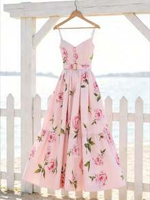 Vestido de verano para mujer, vestido con estampado floral de escote en V con tirantes finos, vestido rosa con hebilla cuadrada de metal dorado, vestido largo de escote en V con tirantes finos, vestido de estilo vacacional, vestido para ir y venir y casual, conjunto de vacaciones de verano, conjunto para el Día de San Valentín, vestido de fiesta, vestido de boda, vestido de graduación, conjunto de vacaciones de verano, conjunto para exteriores, vestido casual y elegante para ir y venir, uso diario casual y versátil y elegante - Rosa - Ver 7