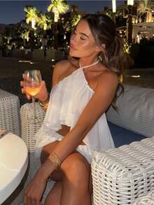 Two Piece SetHalter Neck Ruffle Chiffon Crop Top & Skort Set, Backless Flowy Two-Piece Beach & Party Outfit Bohemian Clothes For Women Ball Gown Dresses Elegant Dresses - trắng - Xem 4