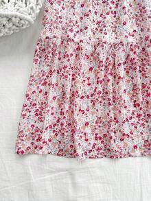 Vestido midi de línea A con cintura fruncida y escote en V, estilo vacacional para mujer.Vestido de línea A con volantes en las mangas tipo campana, de gasa, vestido de verano, adecuado para uso en bodas románticas y almuerzos - Multicolor 2 - Ver 5