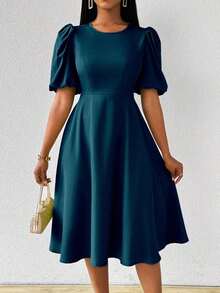 Vestido verde de manga abullonada larga, cuello en V, cintura recogida y bajo acampanado, para primavera y verano - lago azul - Ver 8