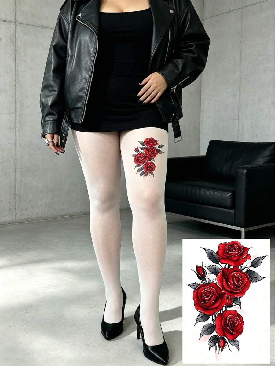 Women's White Rose Tattoo Print Leggings - Sexy Red Floral Pattern Pantyhose Suitable For Y2K, Gothic And Punk Styles - Multicolor - View 1