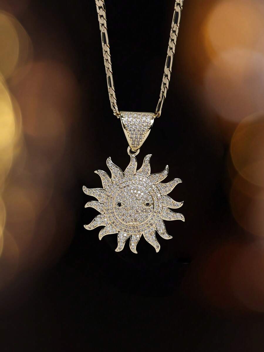 1pc Dây chuyền mặt hoa hướng dương đính đá zirconia mạ vàng 14K phong cách hiphop iced out thời trang, phù hợp đeo hàng ngày, quà tốt nghiệp, tiệc tùng, quà tặng hoàn hảo cho người yêu streetwear - Vàng - Xem 1