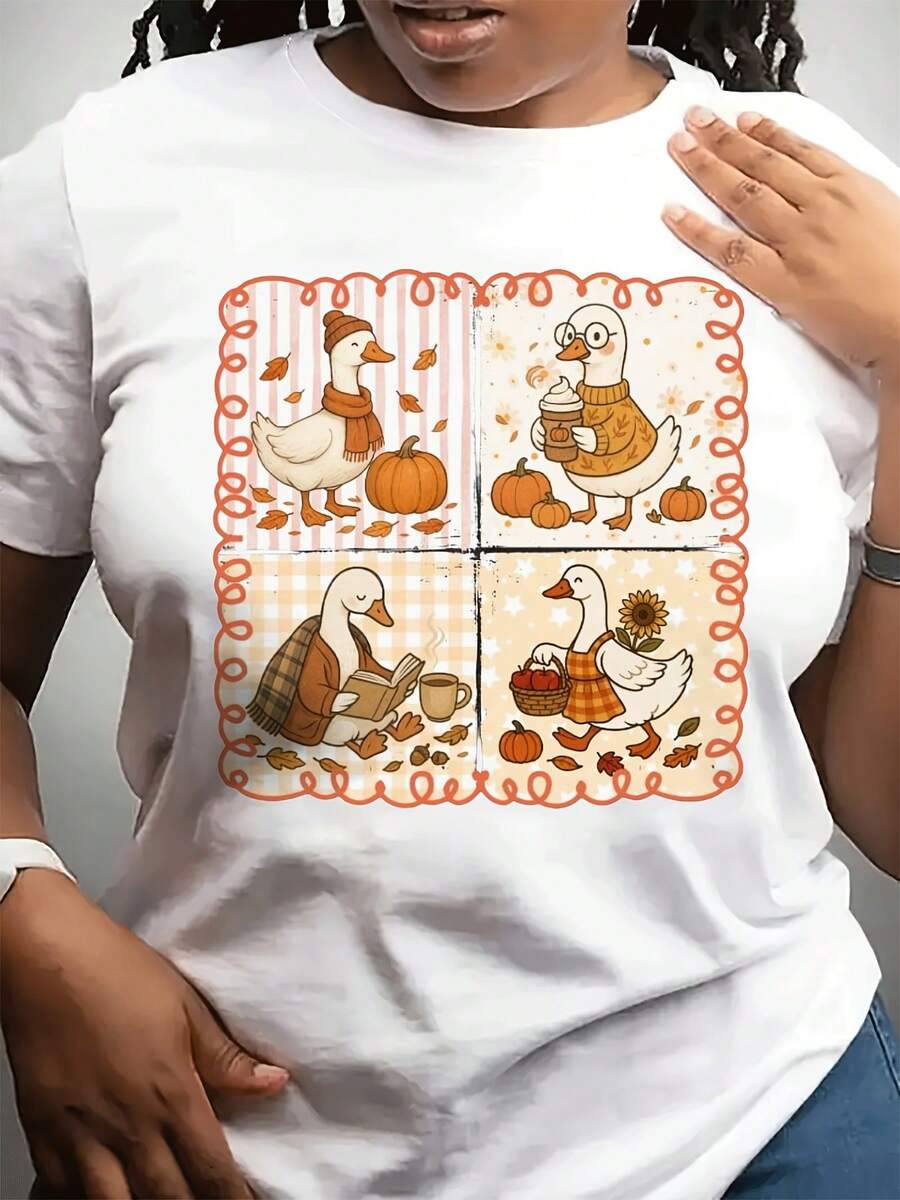 Women's Plus Size Autumn Graphic T-Shirt - Duck And Pumpkin Design For Halloween - Soft Casual Top For Everyday Wear - Black, Machine Washable, Comfortable To Wear - Women's Fashion For All Seasons. Women's Summer Graphic T-Shirts - Women's Casual Printed T-Shirt, Short Sleeve And Crew Neck, Local Spring/Summer Streetwear. - 白色 - 查看 1