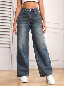 PETITE Jeans rectos de pierna derecha lavados de manera casual - Azul lavado oscuro - Ver 8