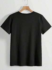 Camisetas de manga corta para mujer, cuello redondo, 100% algodón, camiseta moderna con estampado de letras y dibujos animados, camiseta de cuello redondo para mujer, diseño sencillo, cómoda y transpirable, esencial y versátil, adecuada para el ocio diario, muestra un estilo natural y elegante, entrega local. - Negro - Ver 2