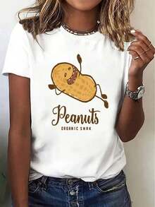 Women's Casual Sporty T-Shirt, Round Neck, Loose Fit, With A Fun Potato Print, Perfect For Halloween, Women's Clothing, Autumn Shirt, On , Suitable For Easter, Halloween, Thanksgiving, Etc. Pretty Blouses, 100% Cotton - 白色的 - 查看 1