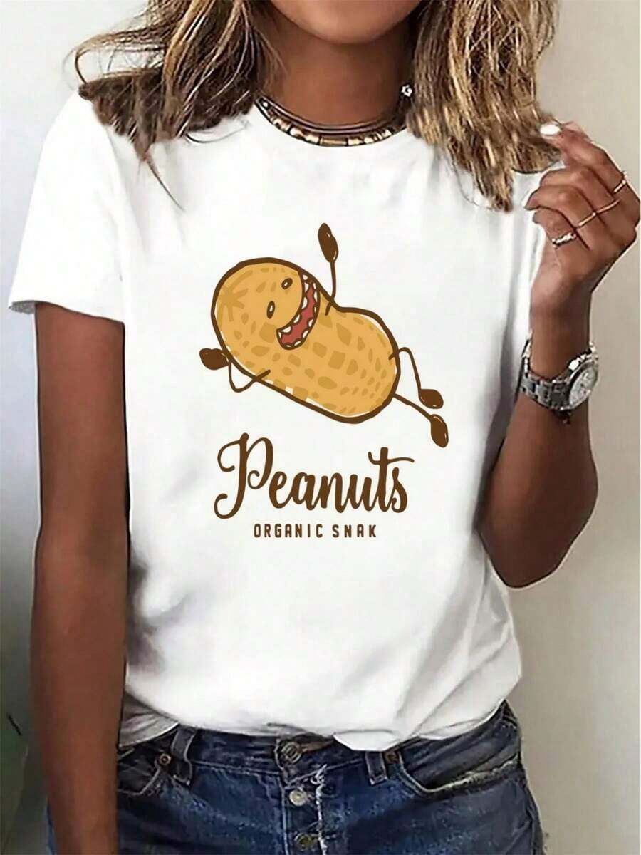 Women's Casual Sporty T-Shirt, Round Neck, Loose Fit, With A Fun Potato Print, Perfect For Halloween, Women's Clothing, Autumn Shirt, On , Suitable For Easter, Halloween, Thanksgiving, Etc. Pretty Blouses, 100% Cotton - 白色的 - 查看 1