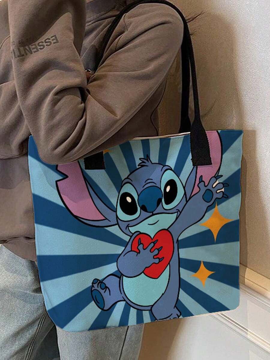 Disney 迪士尼可爱卡通史迪奇印花手提包，适合女性日常购物、聚会、与朋友外出，日式帆布手提包，大容量通勤包，男女通用学生休闲通勤手提包，适合返校季 - 彩色 - 查看 1