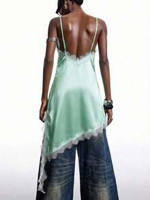 2026 Nuevo vestido minimalista de primavera/verano para mujer, vestido corto de tirantes finos con bajo asimétrico de encaje de contraste de unicolor, azul marino - verde menta 2 - Ver 2
