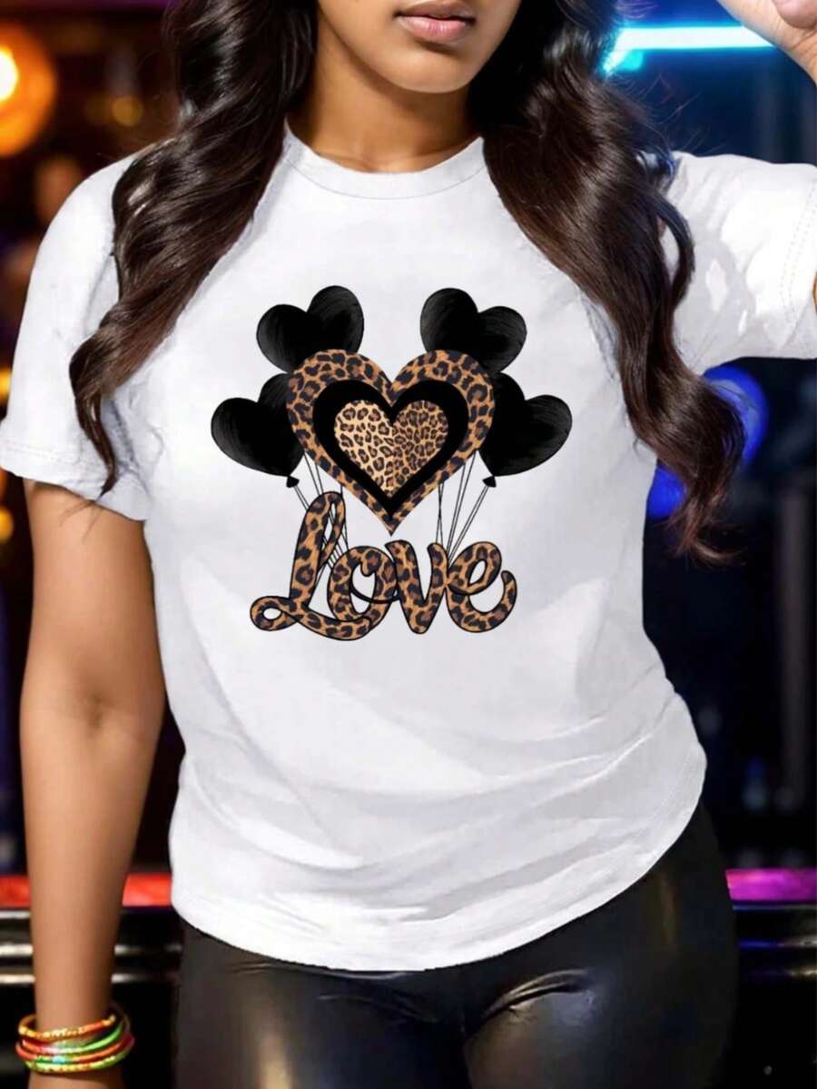 Women's Pure Cotton T-Shirt 002 - Comfortable And Versatile Everyday T-Shirt - Short-Sleeved T-Shirt With An Attractive Leopard Heart Design And Black Balloons With The Word "Amor" (Love), Perfect For Expressing Your Feelings And Standing Out On Any Occasion. Women's Going-Out T-Shirts. - 白色 - 查看 1