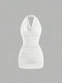 Vestido mini ajustado y sexy sin mangas con cuello drapeado y espalda descubierta con lazo - Blanco - Ver 1