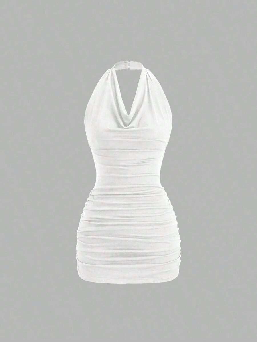 Vestido mini ajustado y sexy sin mangas con cuello drapeado y espalda descubierta con lazo - Blanco - Ver 1