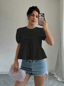 Blusa con volantes y mangas abullonadas con lazo en la parte delantera - Negro - Ver 5