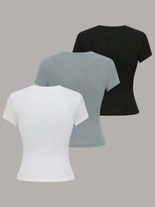 Camiseta de manga corta de mujer de unicolor, cuello redondo, ajustada, casual y diaria - Multicolor 7 - Ver 2