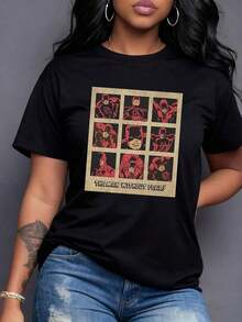 Figura de héroe rojo mostrando valentía y determinación en múltiples cuadros simbolizando la fuerza interior y el coraje ante los desafíos camiseta para mujer moderna cómoda y perfecta para uso diario,Camiseta de mujer elegante. - Negro - Ver 1