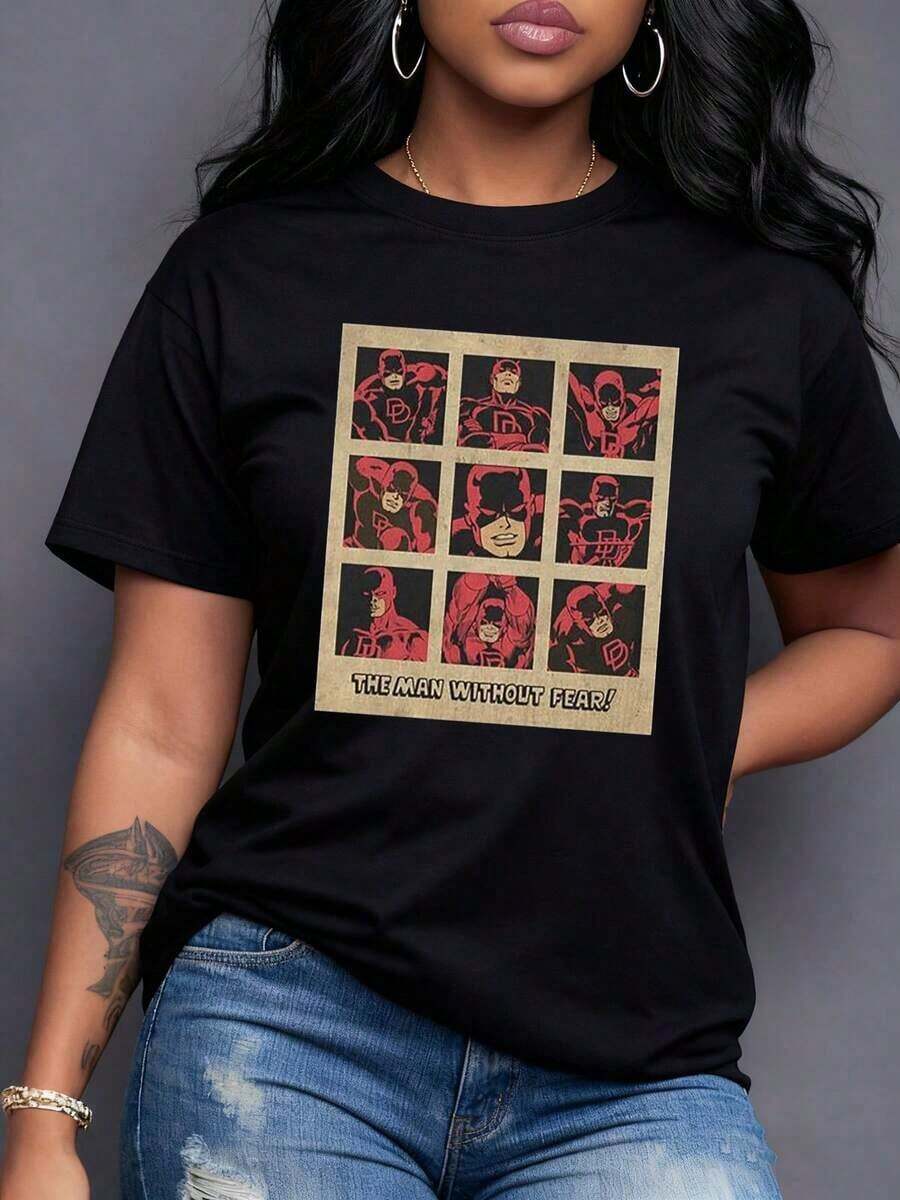 Figura de héroe rojo mostrando valentía y determinación en múltiples cuadros simbolizando la fuerza interior y el coraje ante los desafíos camiseta para mujer moderna cómoda y perfecta para uso diario,Camiseta de mujer elegante. - Negro - Ver 1