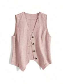 Chaleco de lino casual para mujer, estilo corto para primavera y verano - Rosa vieja - Ver 4