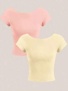2 piezas Parte superior corta de cuello redondo y espalda descubierta de manga corta, apropiada para el verano, para mujeres sexy - Multicolor 13 - Ver 2