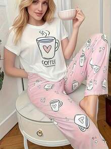 Plus Size Women's Sleepwear, Short Sleeve Nightgown With Round Neck And Coffee Cup And Heart Print, Soft And Breathable For Spring/Autumn/Summer - Casual, Breathable And Comfortable Sleepwear. - 白色 - 查看 3