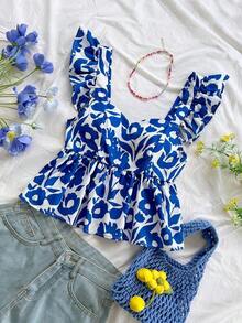 Blusa de corte de línea A con cuello cuadrado, manga corta y estampado retro azul y blanco, adecuada para fiestas, citas, el Día de San Valentín, el té de la tarde - Azul y blanco 3 - Ver 1