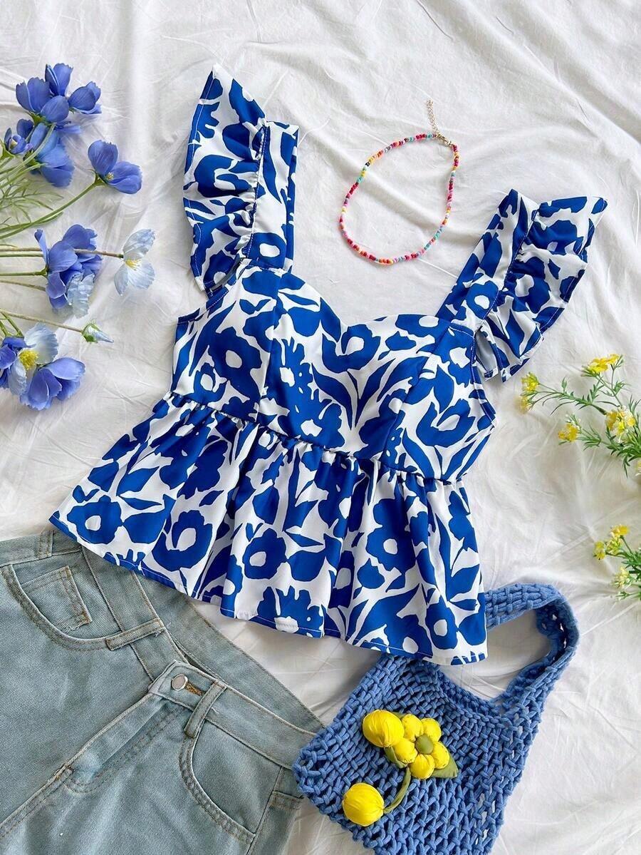 Blusa de corte de línea A con cuello cuadrado, manga corta y estampado retro azul y blanco, adecuada para fiestas, citas, el Día de San Valentín, el té de la tarde - Azul y blanco 3 - Ver 1