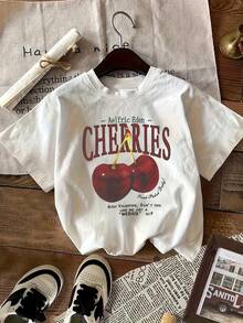 Camiseta de mujer, estampado de cerezas, estilo Y2k, para usar en todas las estaciones. - Blanco - Ver 4