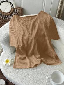 Blusa casual de manga corta con nudo delantero de unicolor para mujer de talla grande - Caqui - Ver 2