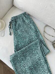Pantalones anchos de pierna negros con diseño de estampado de leopardo retro elegante, pantalones rectos con cintura elástica con cordón, uso casual, vuelta al colegio - verde menta - Ver 6