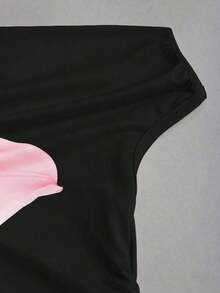 Blusa elegante de mujer con estampado floral y cuello asimétrico fruncido - Negro - Ver 3