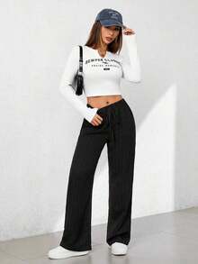 Pantalones capri de pierna ancha con textura de estilo casual de verano - Negro - Ver 4