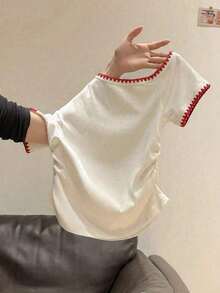Camiseta de manga corta casual de cuello redondo con bloques de color para mujer - Blanco - Ver 5