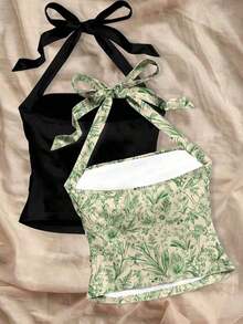 2 piezas Parte superior de verano con estampado floral, cuello halter y espalda descubierta, en color negro y albaricoque, para mujer - Multicolor - Ver 2