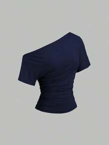 Nueva camiseta casual de primavera/verano para mujer, de estilo elegante y chic de la calle, con hombro asimétrico, ajuste delgado, deportiva, versátil y cómoda - Azul marino - Ver 8
