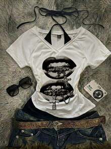 Camiseta de mujer casual de cuello en V retro, con atar, de manga corta y contraste de color, adecuada para el verano - Blanco 7 - Ver 9