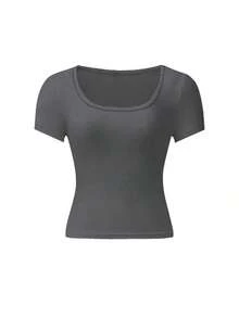 Set de 3 camisetas de mujer de manga corta con cuello en U, tops ajustados y cortos de color liso casual y de moda para el verano - Multicolor 6 - Ver 3
