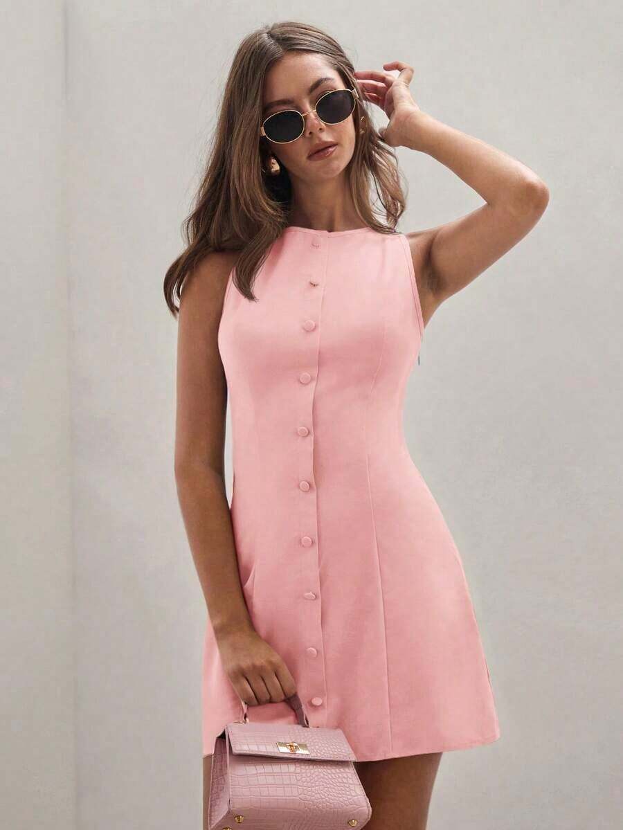 1 pieza Vestido casual mini de mujer de un solo botón, cuello redondo, sin mangas, de un solo color - Rosa - Ver 1
