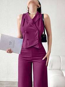 Conjunto de traje azul de doble botonadura para mujer - Rojo violeta - Ver 6