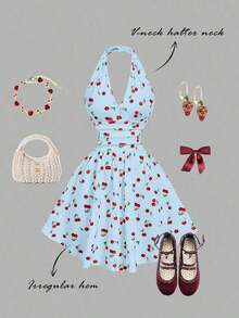 Vestido de fiesta elegante de mujer con estampado de cerezas, escote halter, espalda descubierta y cintura fruncida - Azul - Ver 2