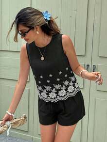 Set de 2 piezas de top sin mangas y shorts para mujer, de moda para el verano - Negro - Ver 7