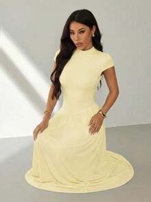 Vestido casual largo plisado de manga abullonada y cuello alto en unicolor para mujer, de verano - Amarillo claro - Ver 5