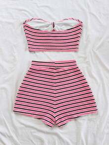 2 piezas Conjunto de top corto a rayas y shorts de cintura alta para mujer, adecuado para vacaciones, citas, té de la tarde, playa, crucero, viaje a la ciudad, festival de música, estilo bohemio de playa - Rosa Fucsia - Ver 2