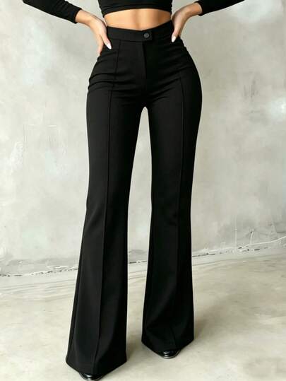 Pantalones anchos de unicolor, versátiles y casuales para uso diario, color negro