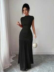 Nuevo vestido de moda de cuello alto sólido rojo sin mangas, con diseño sexy de malla calada y plisado en línea A, adecuado para fiesta de graduación, eventos festivos, citas - Negro - Ver 6