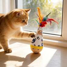1pc Cartoon Print Roly-Poly Cat Toy With Feather Wand, Automatic Swinging Motion Without Battery, Amusing Distraction Toy For Cats To Play And Exercise Instincts, Durable & Material Suitable For All Cat Breeds And Sizes - View 6