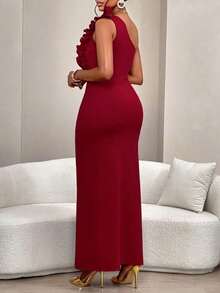 AIJ Vestido elegante de corte asimétrico con hombro descubierto, diseño fruncido y volantes, sin mangas, para mujer, unicolor, para fiestas, citas, fiestas de solteros, cenas formales o eventos de gala en otoño e invierno 2024 - Burdeos - Ver 4